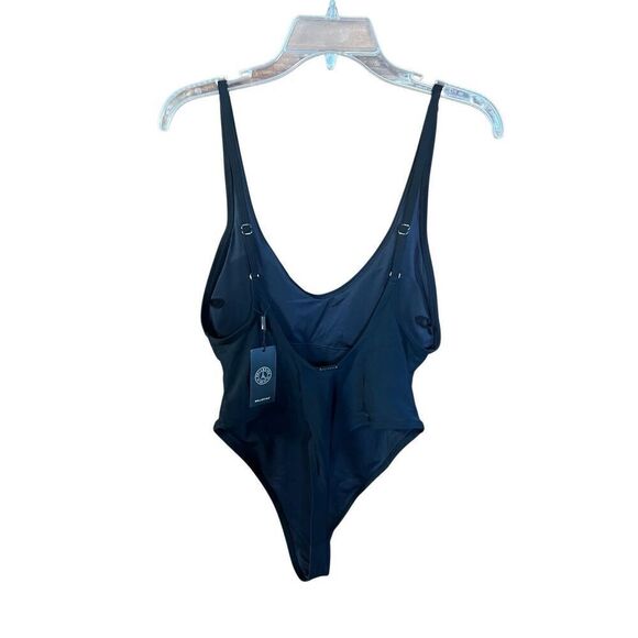 Relleciga Black Sz Lg High Cut Low Back Skimpy 1 Piece Thong Swimsuit NWT - Picture 2 of 7